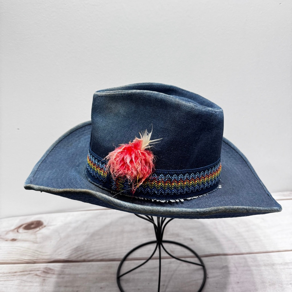 Vintage Denim Cowboy Hat By Canyon Trails Multicolor Ribbon & Feather 3” Brim - Picture 2 of 7